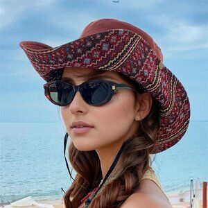 Western Boho Cowgirl Hat 2Way Embroidered Wide Brim Fisher Hicking Travel Sunhat